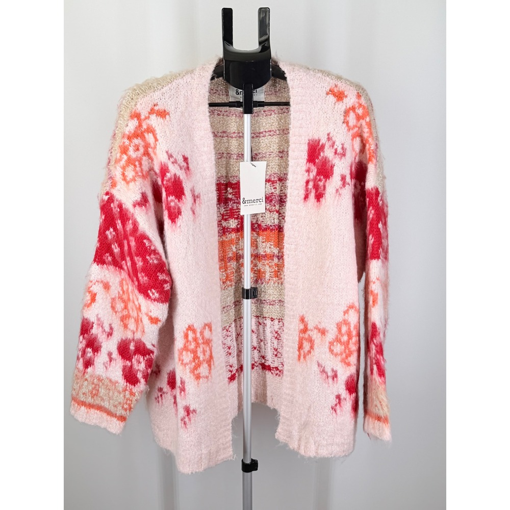 &merci EN MERCI Pink Floral Boucle Knit Open Front Cardigan Sweater Medium NWT